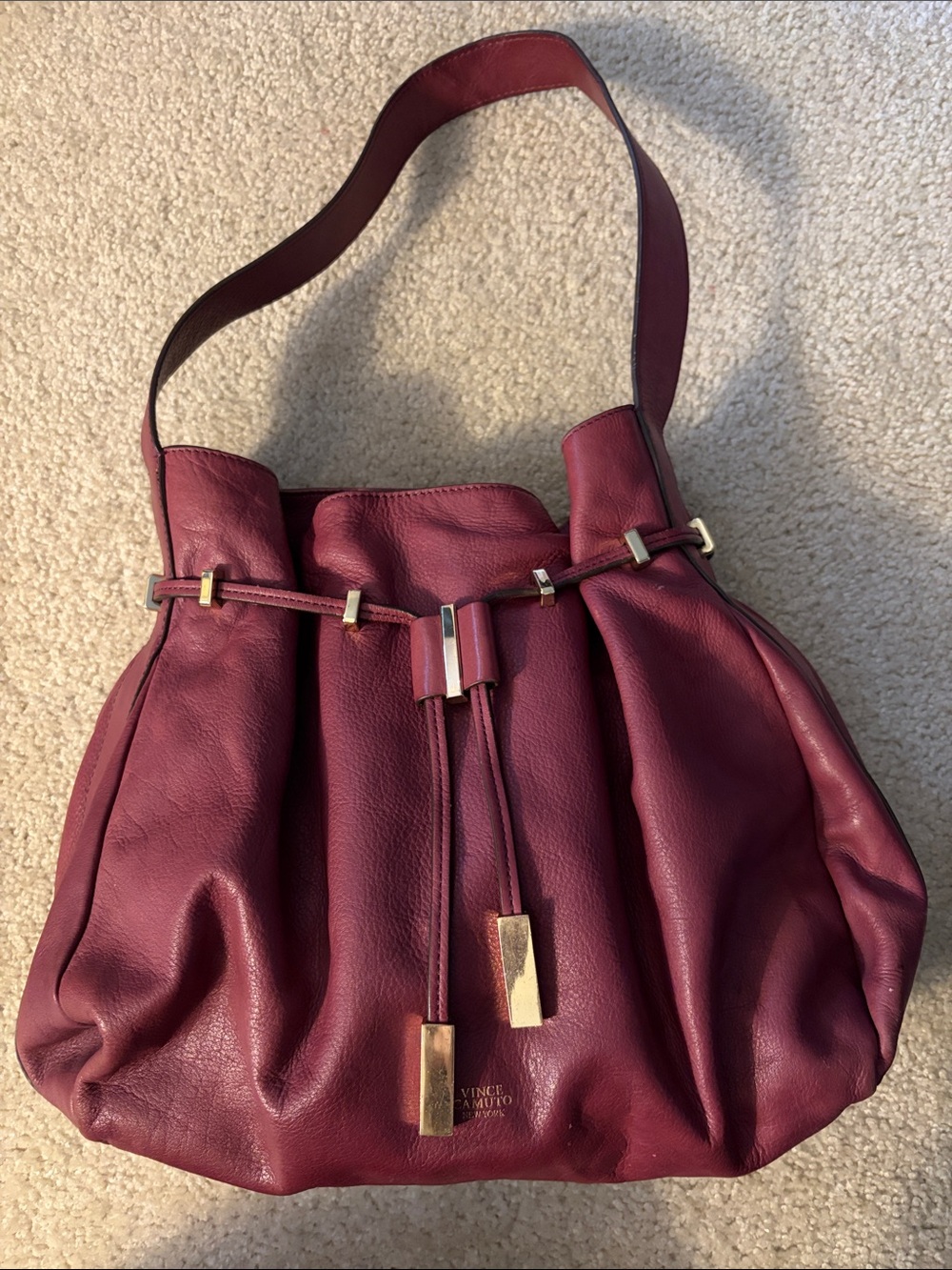 Vince Camuto Women’s Deep Burgundy Genuine Leather Drawstring Shoulder Bag